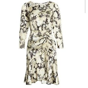 Rebecca Taylor Dress Women Size 10 Silk Gold Leaf Scrunched Tie Mini Ruched T